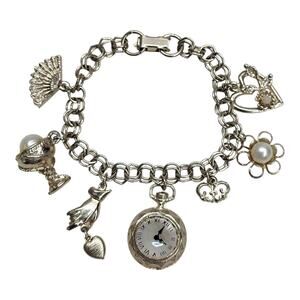 Vintage Silver Tone Charm Bracelet Victorian Revival Watch Hand Heart Fan